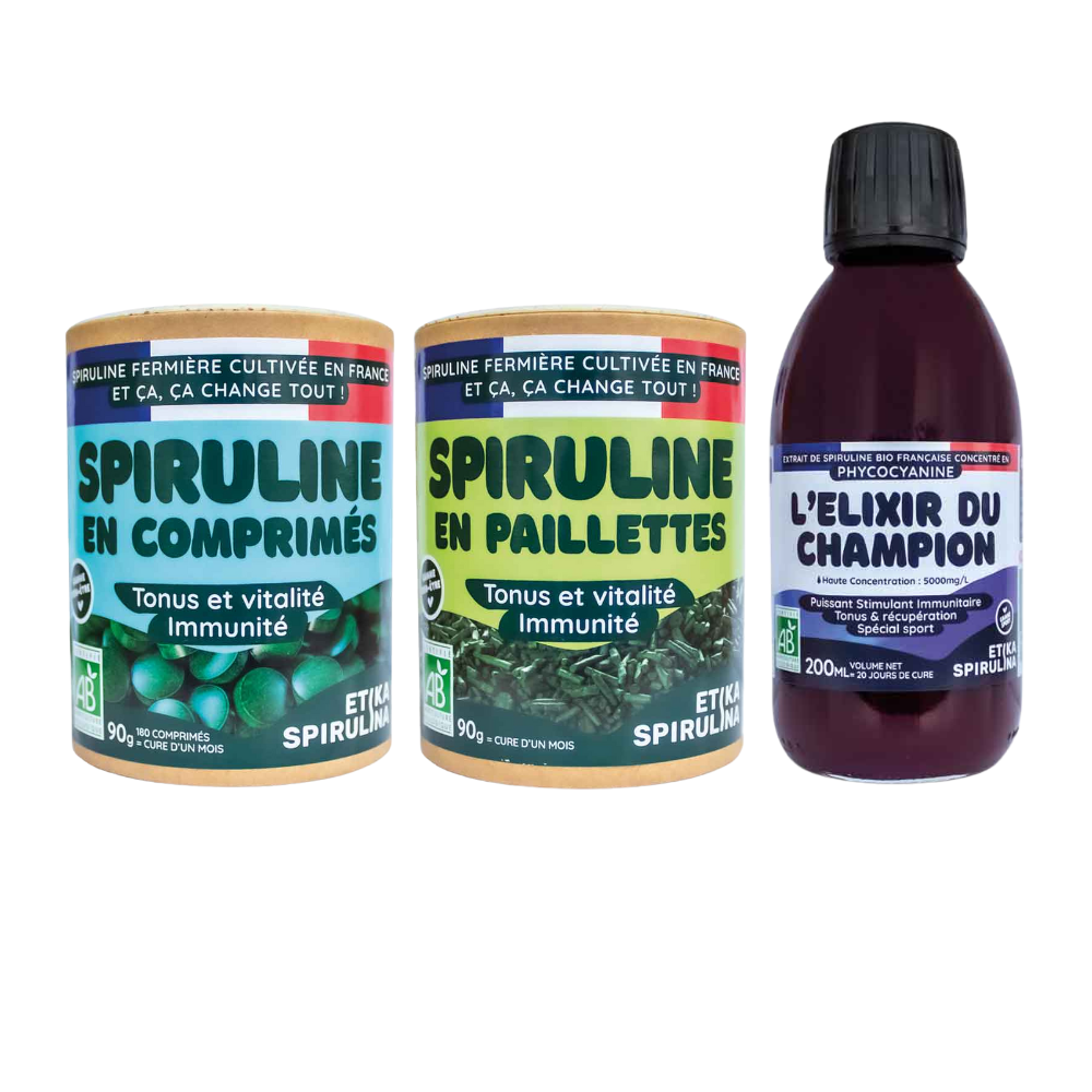 Photo du pack bestsellers Etika Spirulina avec spiruline bio en comprimés, en paillettes et phycocyanine liquide