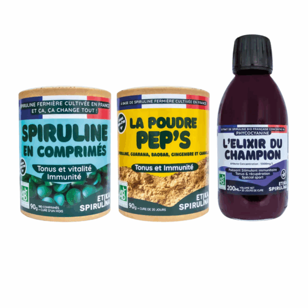 Pack pour bien-être Etika Spirulina avec comprimés de spiruline bio 90g, poudre Pep's 90g et phycocyanine bio 200mL