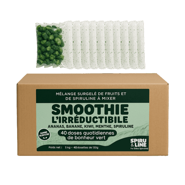 Carton fermé contenant des sachets de smoothie surgelé
