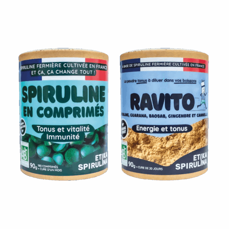 Pack pour sportif Etika Spirulina avec comprimés de spiruline bio 90g et poudre Ravito 90g