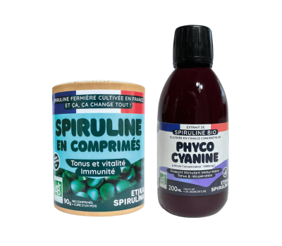 Pack Tonus & Immunité avec spiruline bio en comprimés 90g et flacon de phycocyanine bio 200 ml